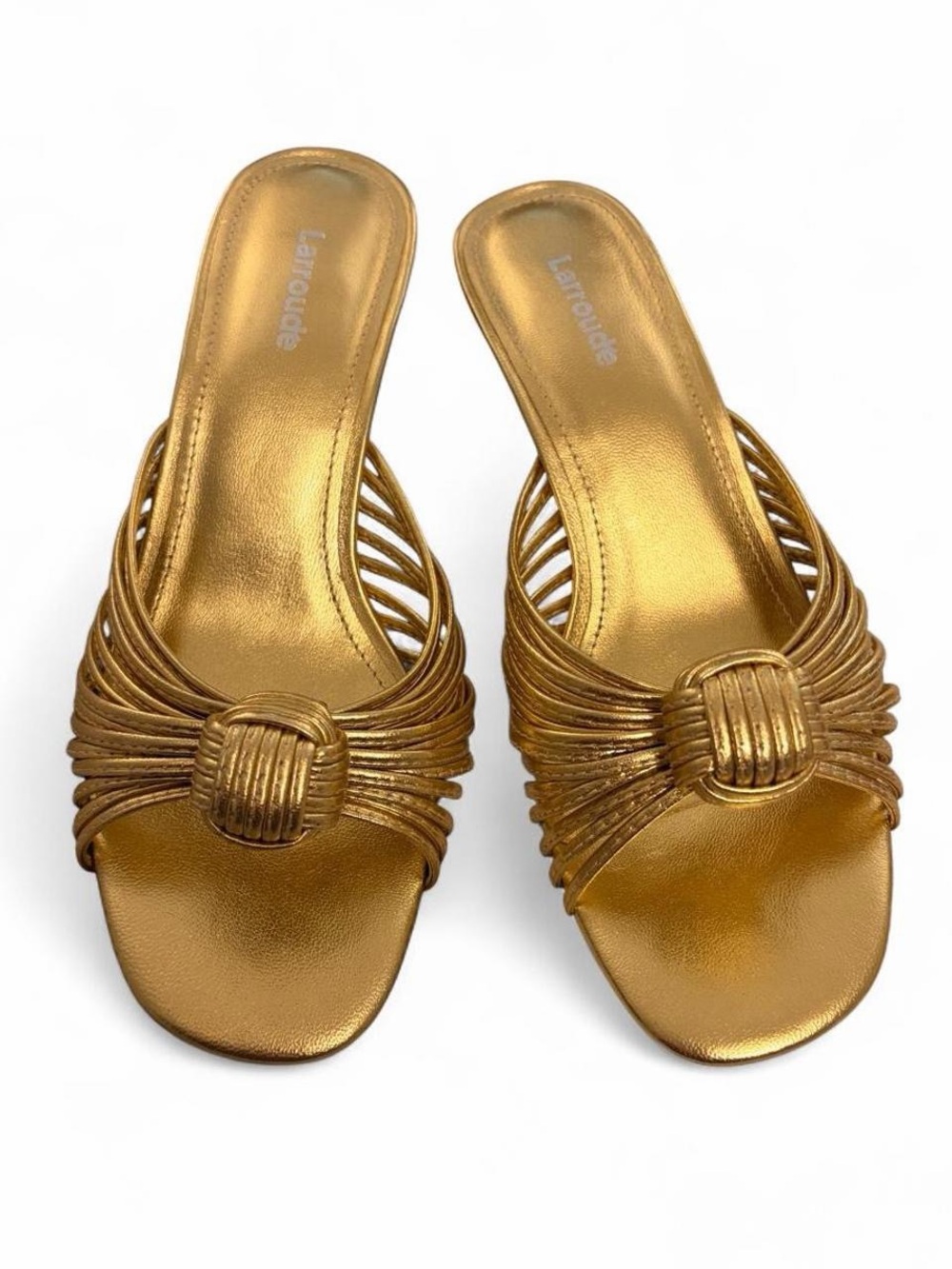 Larroude Gold Strappy Slide Heels